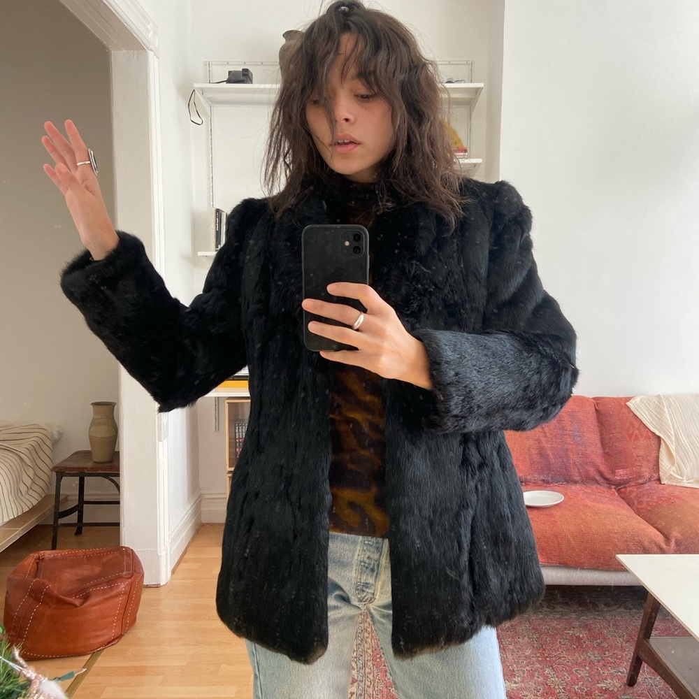 100% Rabbit Fur black coat